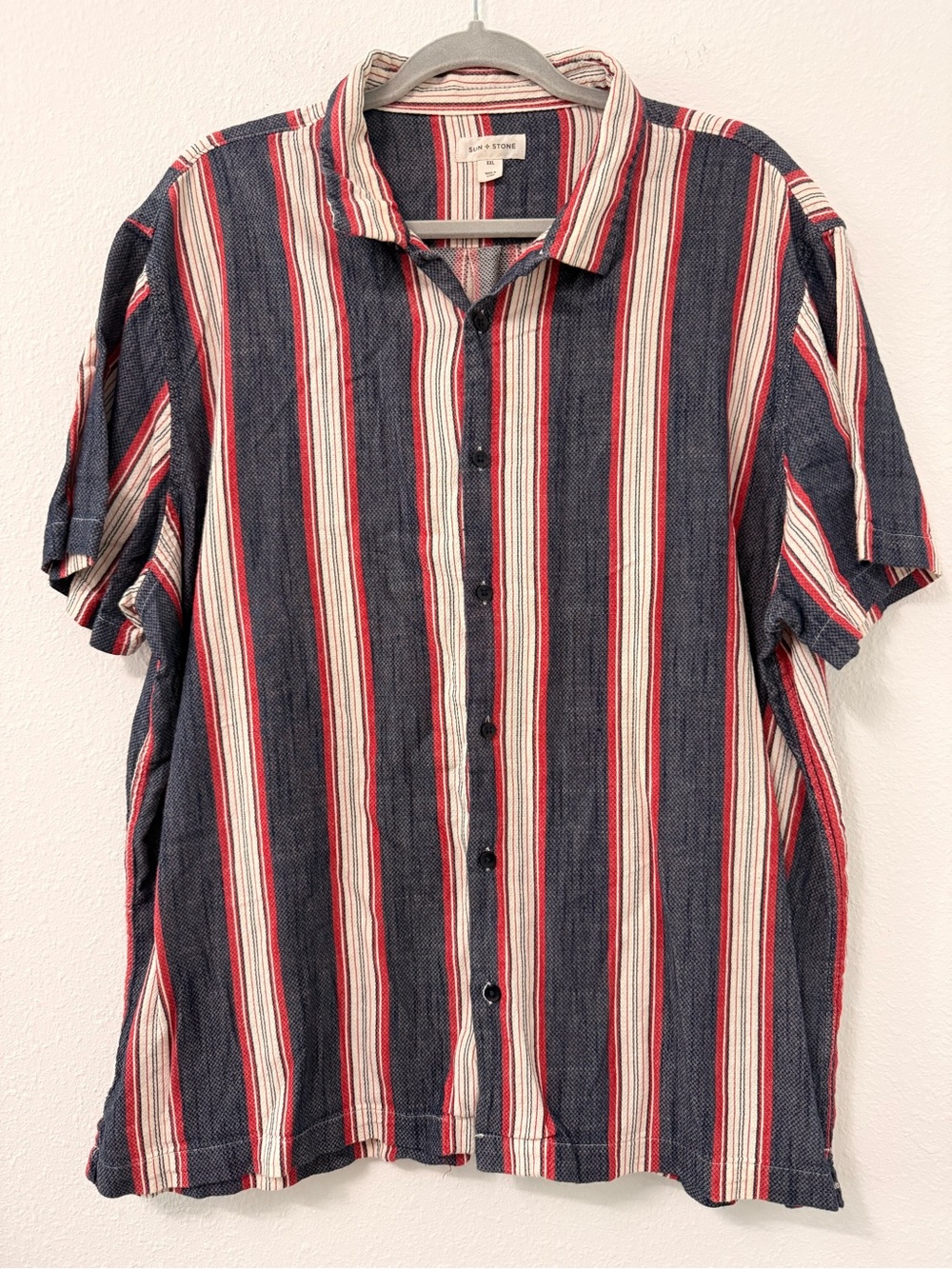 Sun + Stone Navy, Red & White Vertical Stripe Button-Up Shirt